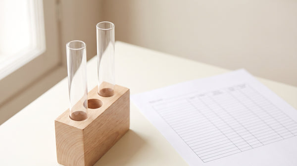 Provette di vetro su supporto di legno accanto a un foglio con griglia