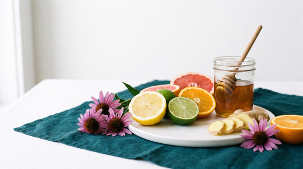 Agrumi, echinacea, zenzero e miele su un piano chiaro