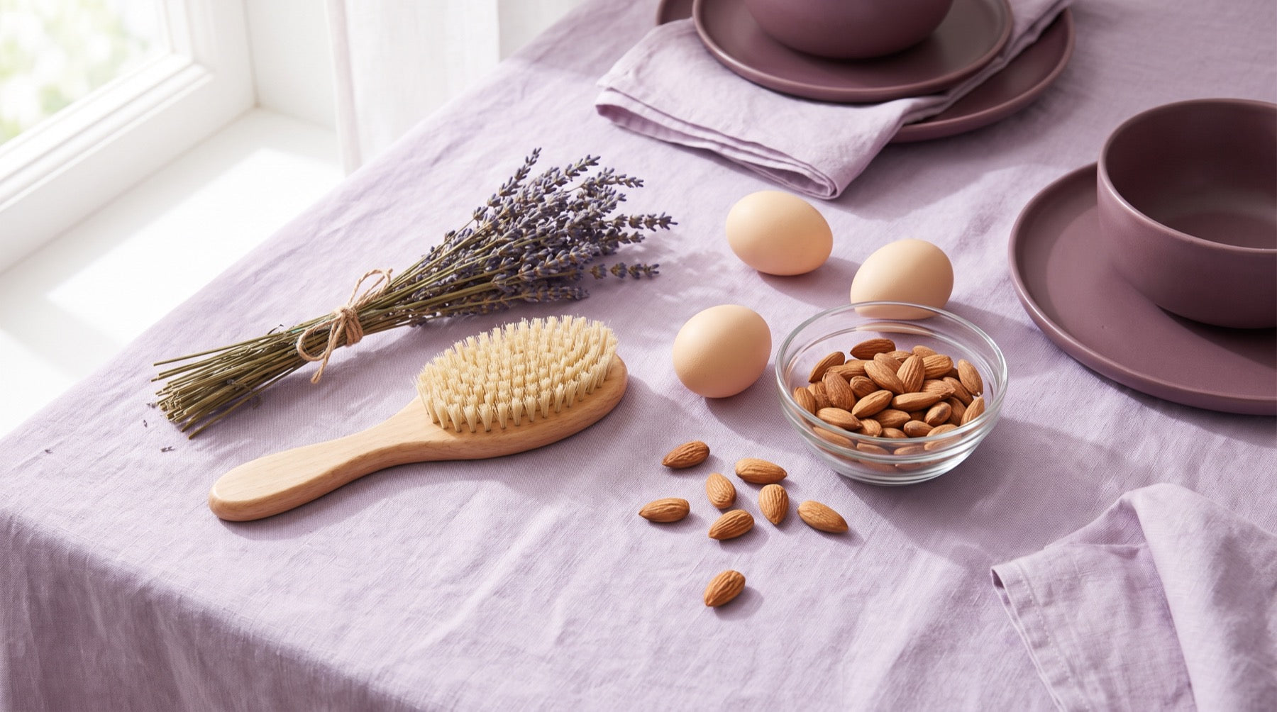 Spazzola di legno, lavanda, uova e mandorle: la cura dei capelli tra alimentazione e buone abitudini