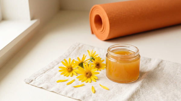 Fiori di arnica e vasetto di gel con tappetino sfocato sul fondo