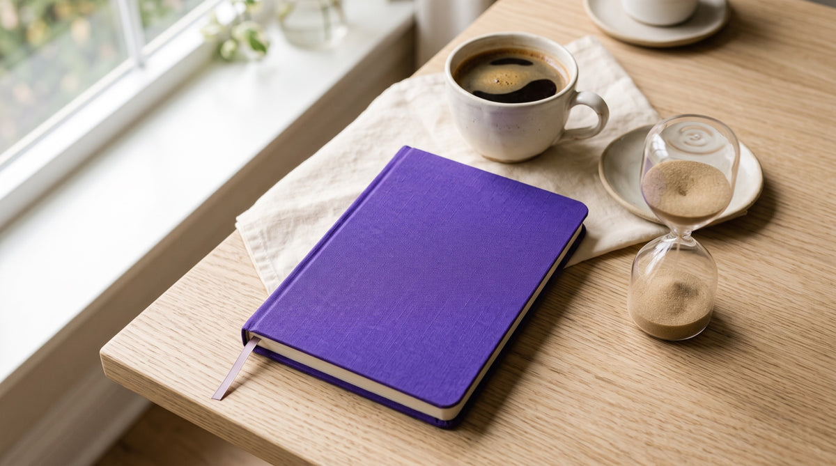 Tazza di caffe', quaderno viola e clessidra su scrivania