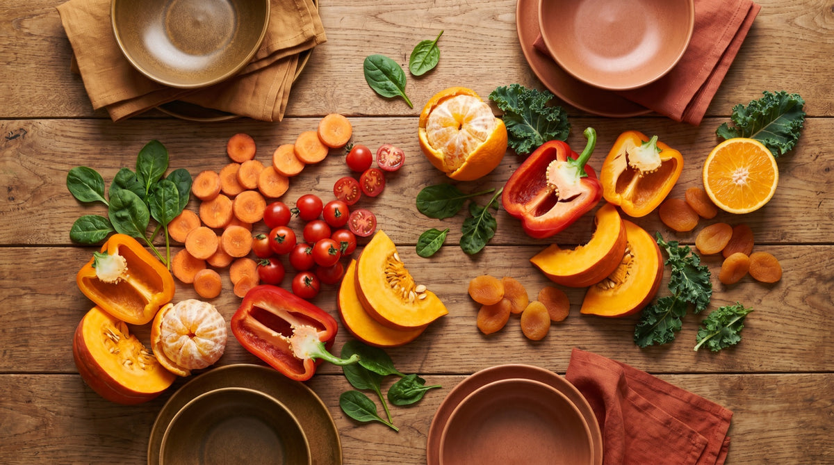Alimenti ricchi di carotenoidi per un colorito sano: carote, pomodori, peperoni e zucca