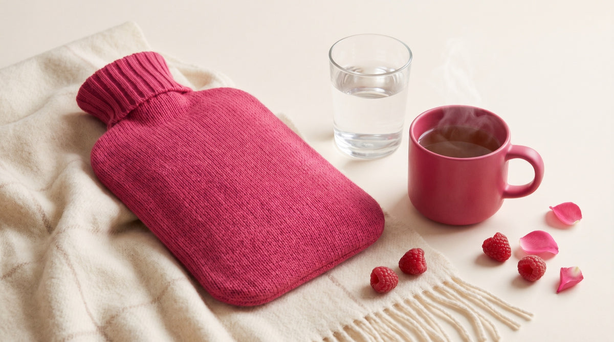 Borsa dell'acqua calda rosa con bicchiere d'acqua e tisana