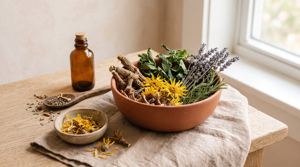 Erbe officinali, arnica e radici essiccate su ceramica chiara