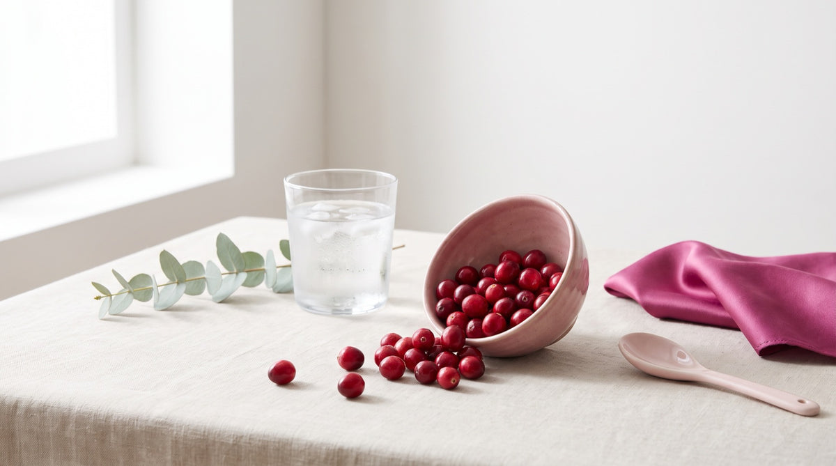 Mirtilli rossi (cranberry) in una ciotola e un bicchiere d'acqua: il benessere delle vie urinarie