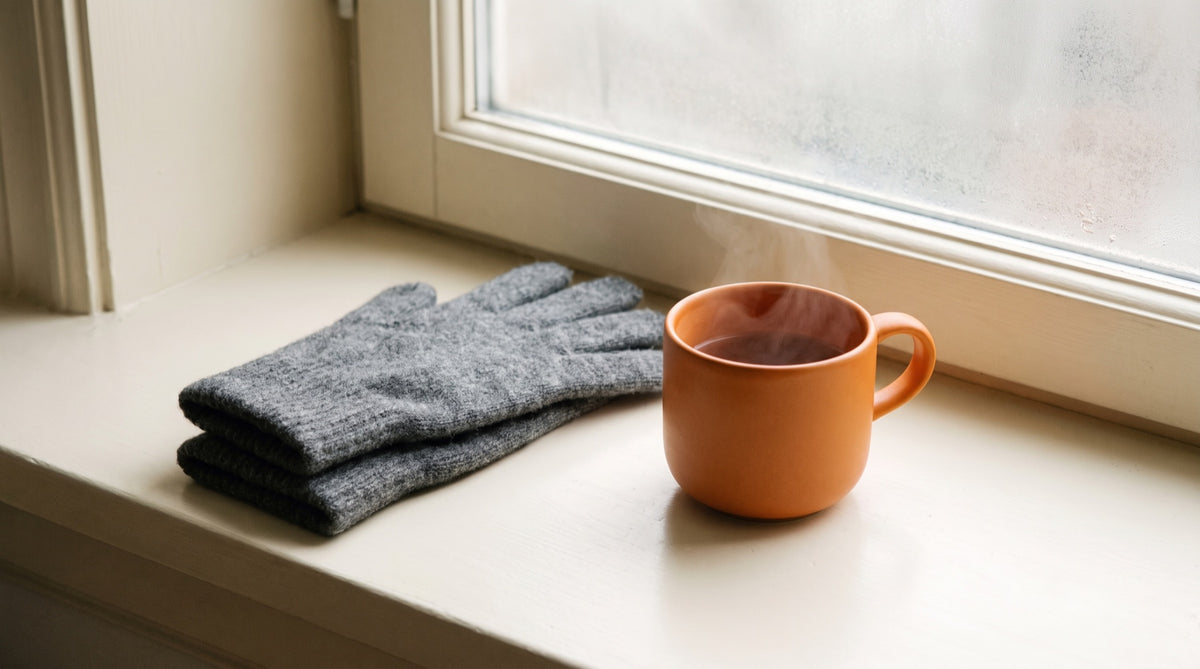 Guanti di lana e tazza calda su un davanzale in una mattina fredda