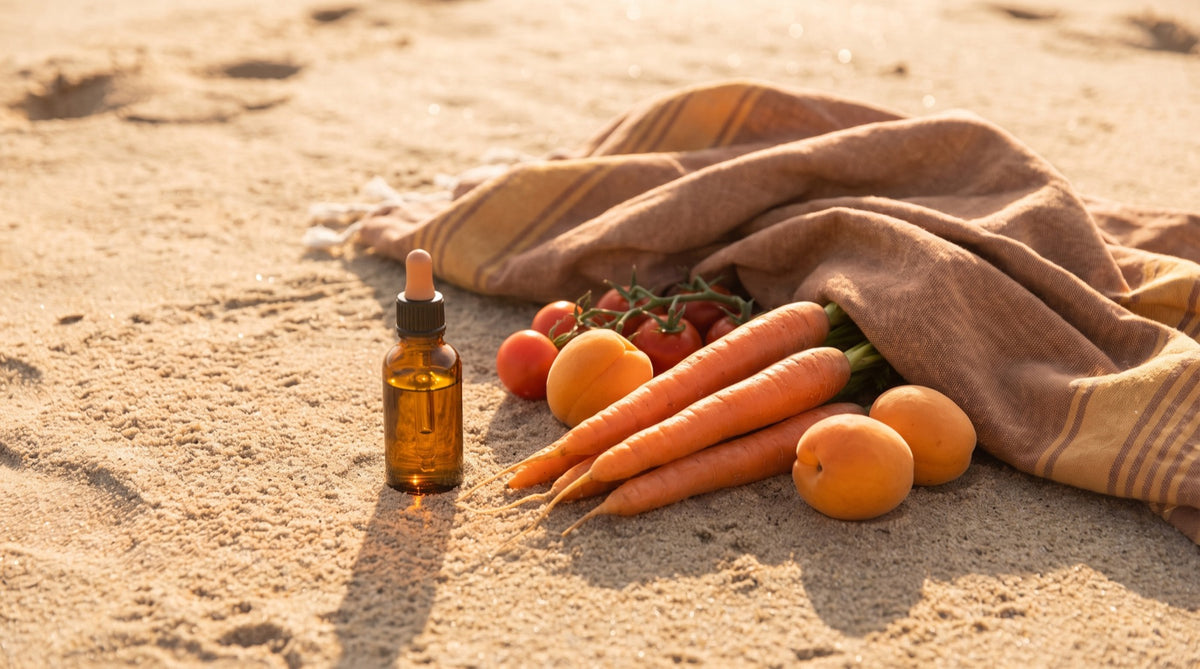 Doposole, carote e albicocche sulla sabbia dorata - dopo il sole, Natural Novi