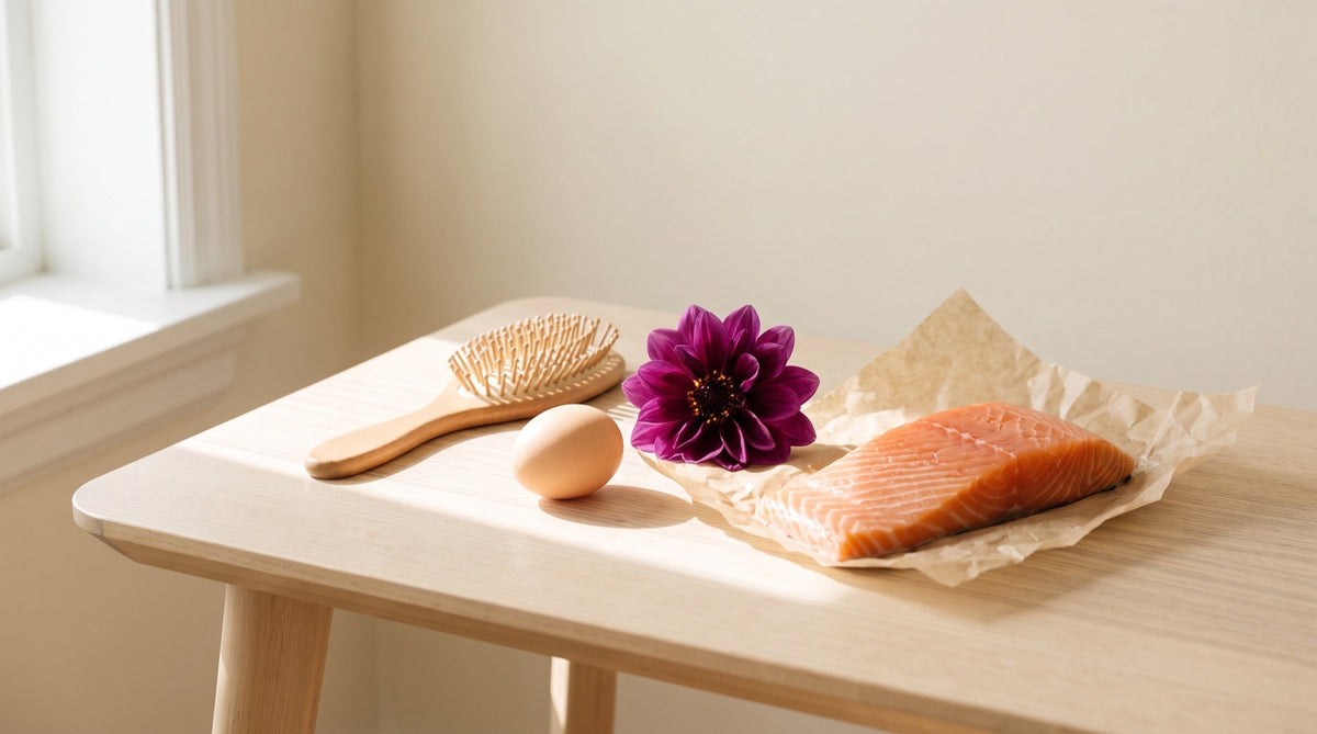 Raggio di sole su spazzola, uovo e salmone con fiore viola