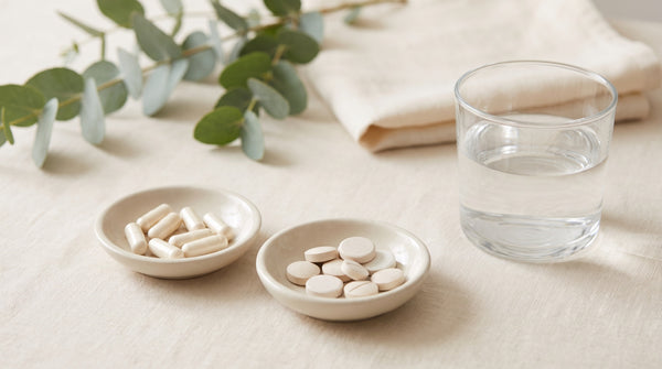 Magnesio e vitamina D insieme: due piattini di compresse e un bicchiere d'acqua