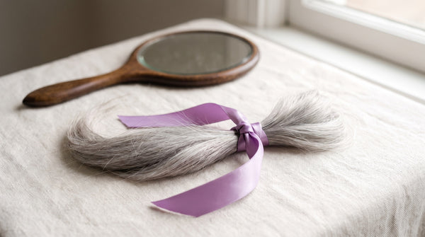 Ciocca di capelli argento con nastro lilla su lino chiaro