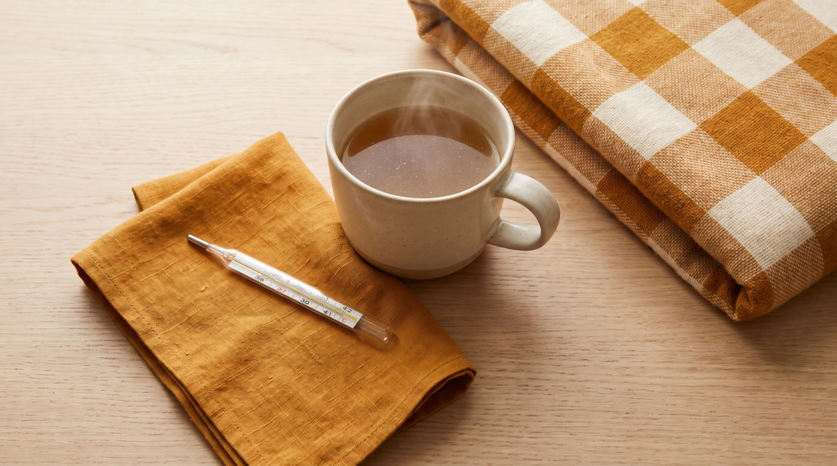 Termometro, tazza di brodo caldo e plaid piegato