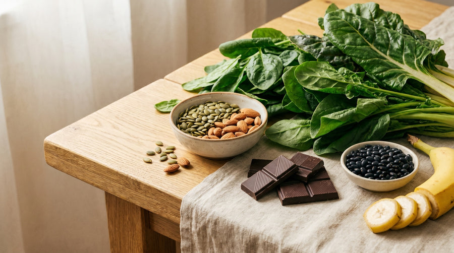 Alimenti ricchi di magnesio: spinaci, semi di zucca, mandorle, cioccolato fondente