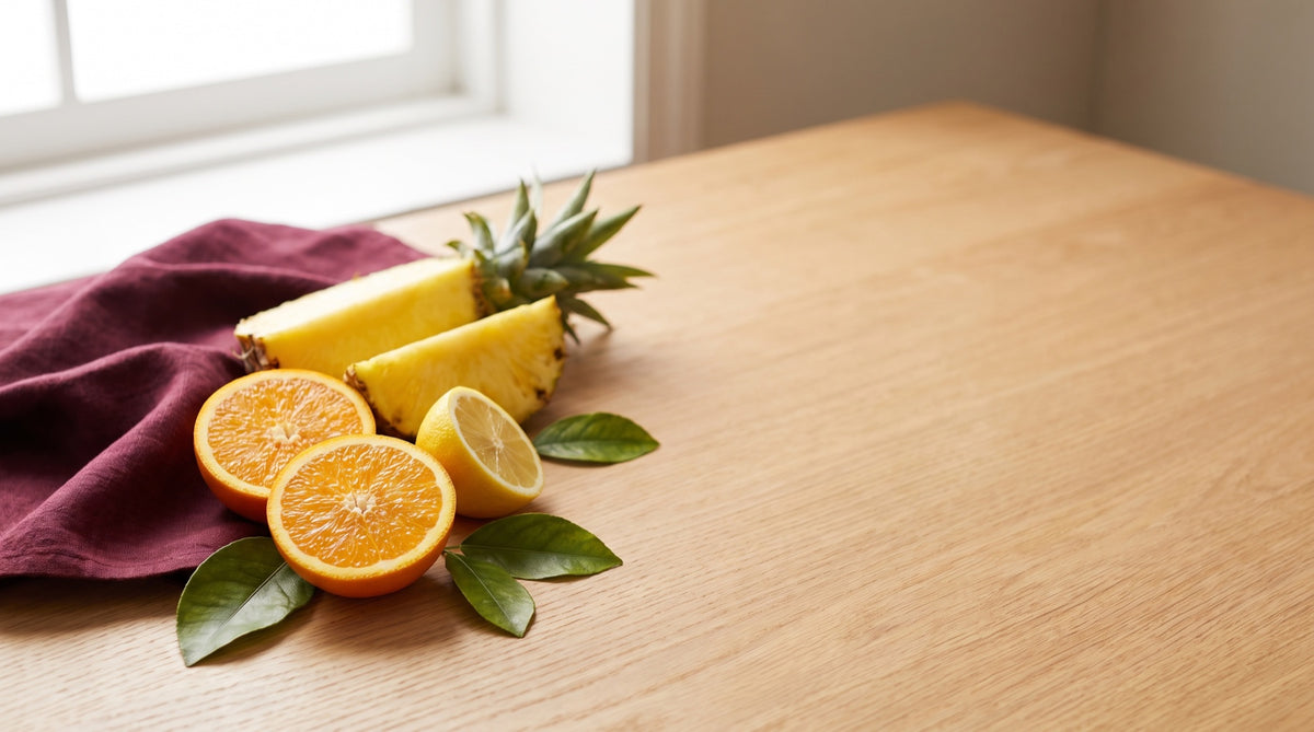 Agrumi tagliati e ananas su tavolo con tovagliolo bordeaux