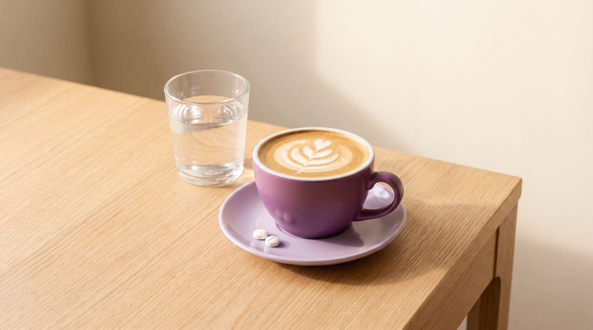 Tazza di caffellatte, bicchiere d'acqua e compresse su piattino lilla