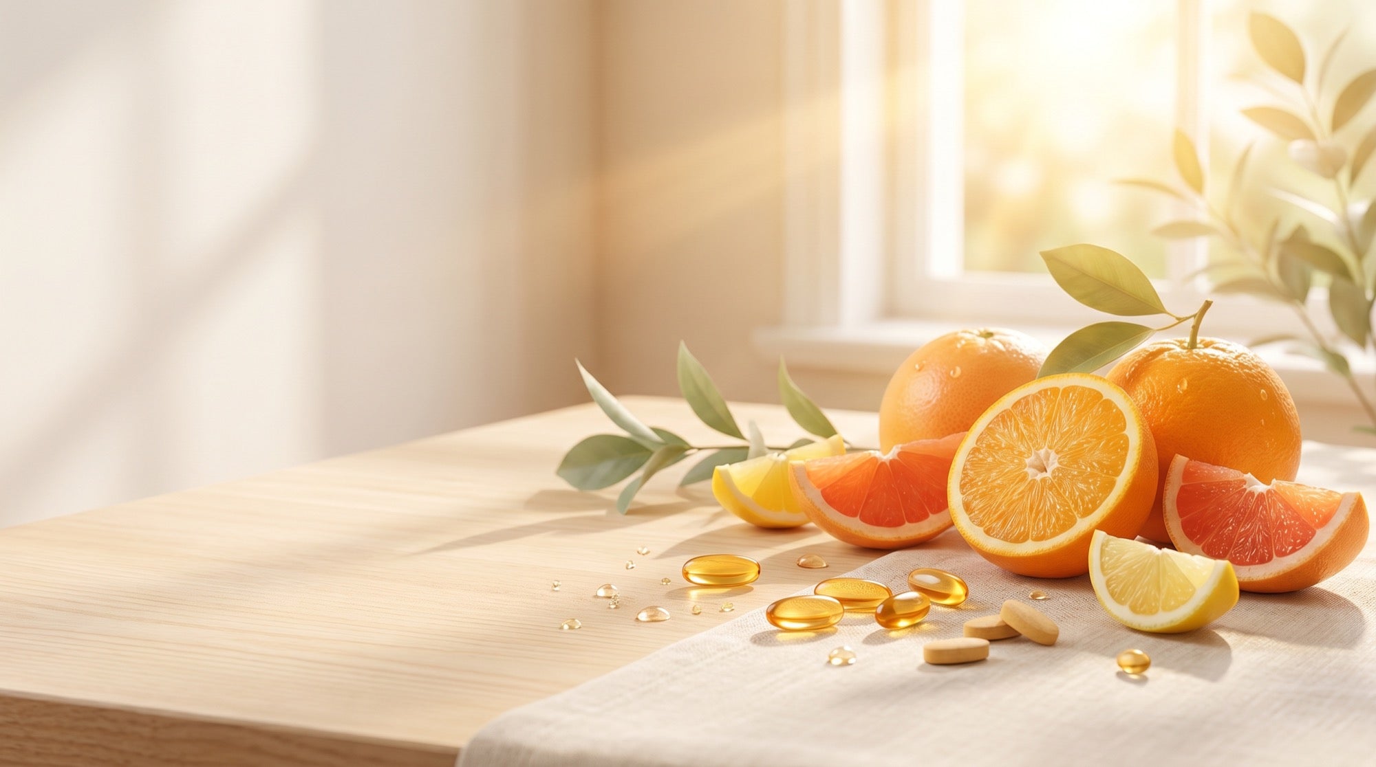 Vitamina D e luce del sole: agrumi, capsule e integratore Natural Novi
