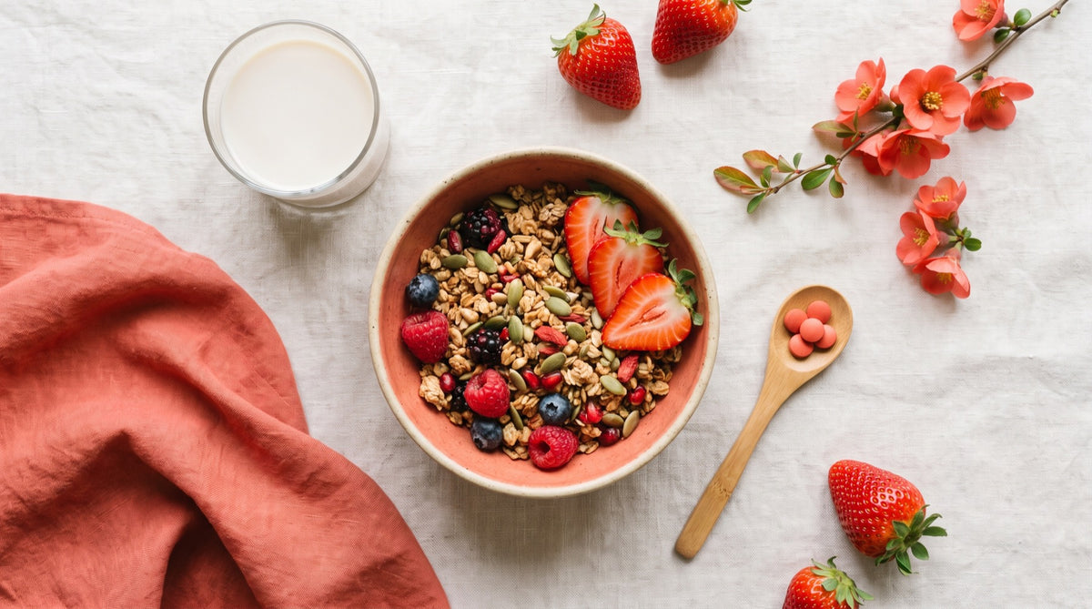 Colazione vegana con latte vegetale, cereali, fragole e un integratore: la B12 nella dieta vegana