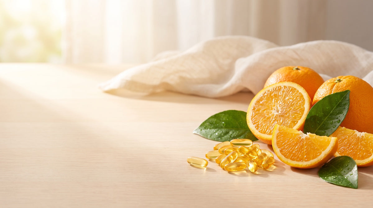 Capsule di vitamina D e arance fresche su tavolo luminoso