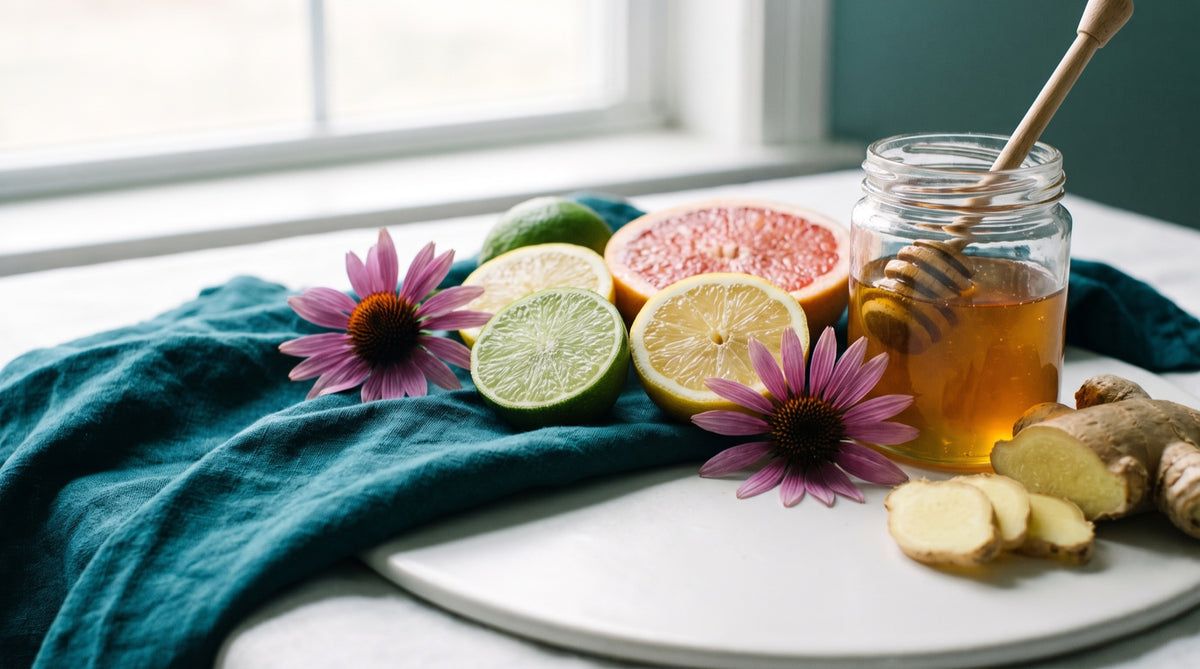 Agrumi, zenzero ed echinacea su un piano di ceramica opaca