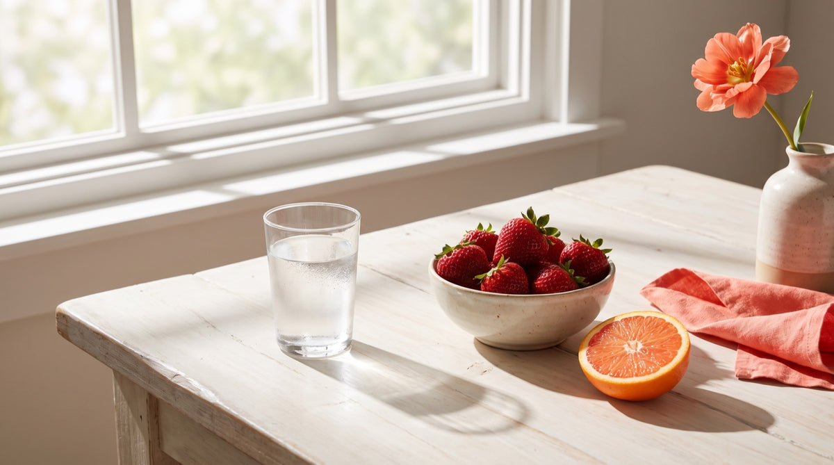 Acqua, fragole e arancia in una luce mattutina: la vitamina B12 e l'energia