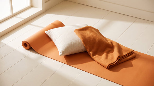 Tappetino da ginnastica con cuscino e coperta alla luce della finestra