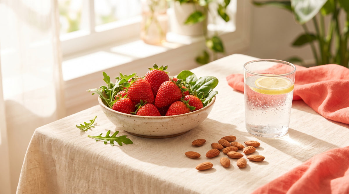 Alimenti per l'energia e la vitamina B12: fragole, verdure e frutta secca