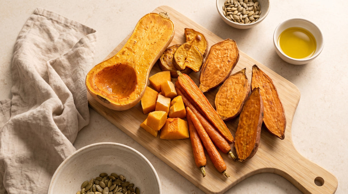Zucca, patate dolci e carote su un tagliere di legno chiaro