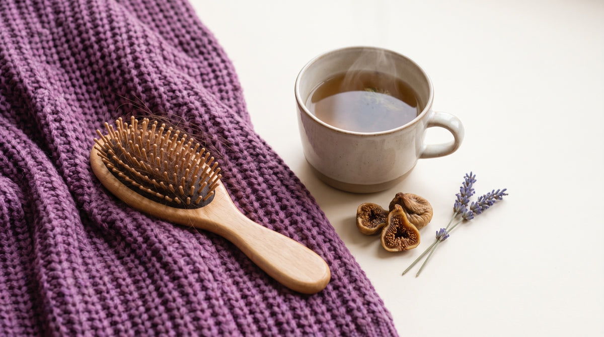 Spazzola in legno su plaid viola con tazza di tisana