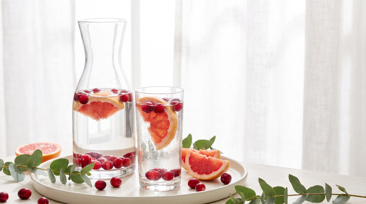 Caraffa e bicchiere d'acqua con mirtilli rossi e agrumi: l'idratazione per prevenire la cistite