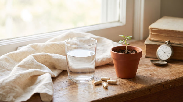 Costanza e tempo: capsule, acqua e un germoglio verde che cresce