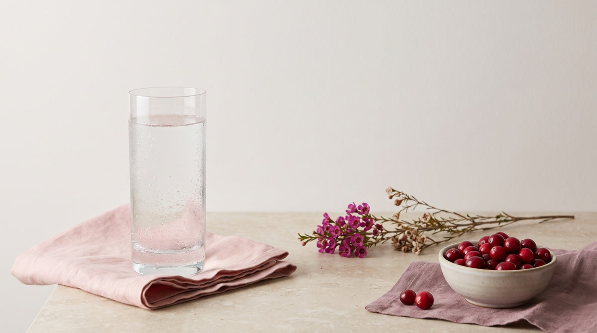 Bicchiere d'acqua e ciotola di mirtilli rossi su lino rosa: gestire la cistite ricorrente