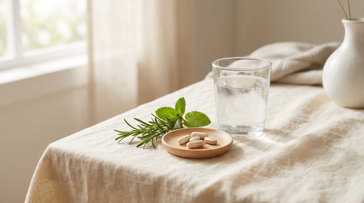 Routine quotidiana di integratori: bicchiere d'acqua e capsule su tavolo chiaro