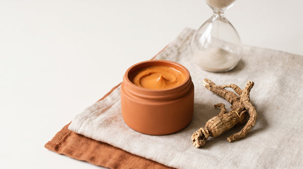 Vasetto di crema aperto con radice essiccata e clessidra sfocata
