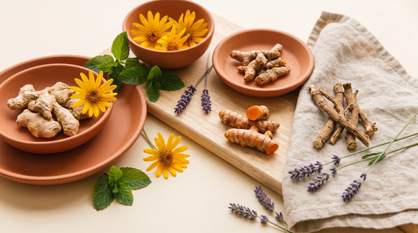 Fiori di arnica e asciugamano di lino su un piano chiaro