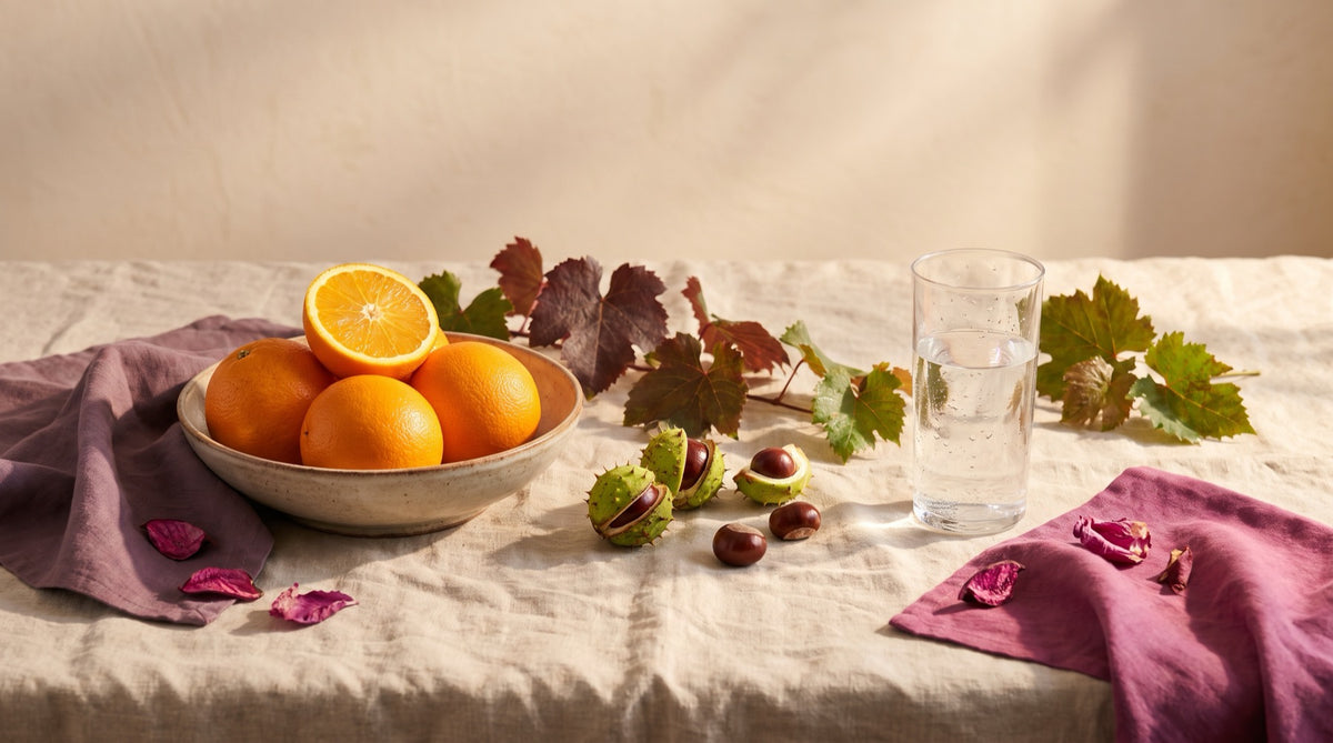 Agrumi, foglie di vite rossa, ippocastano e un bicchiere d'acqua su lino: rimedi naturali per gambe pesanti e microcircolo