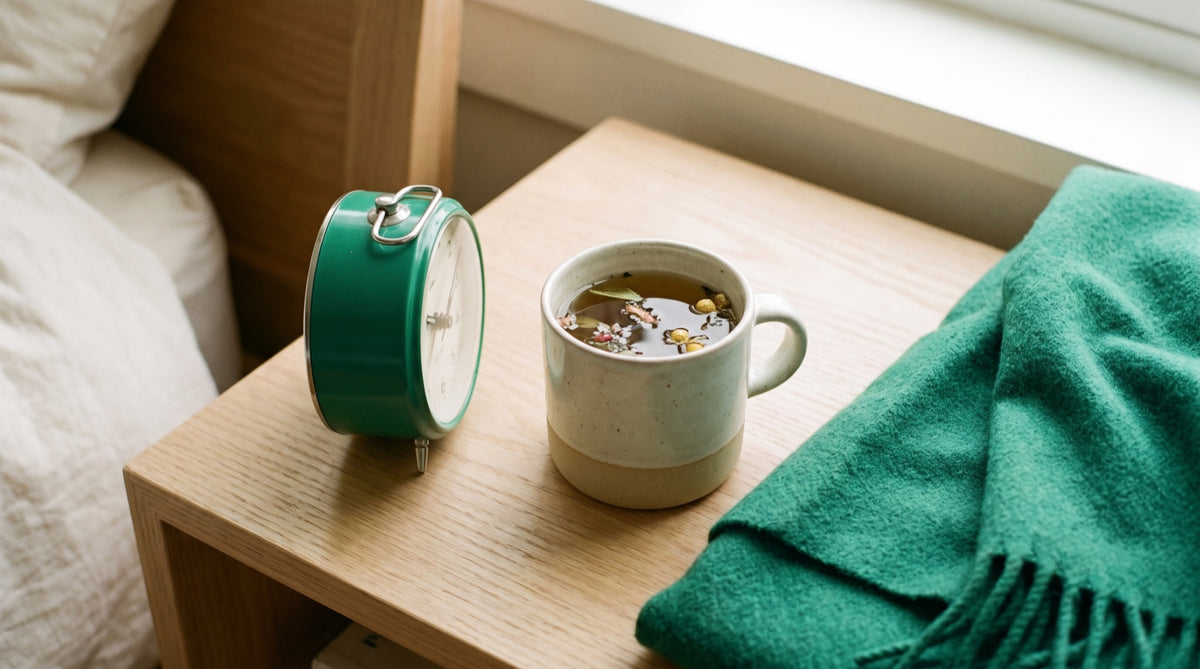 Sveglia analogica e tazza di tisana con plaid verde