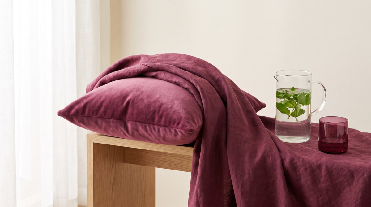 Cuscino rialzato, coperta e brocca d'acqua con menta