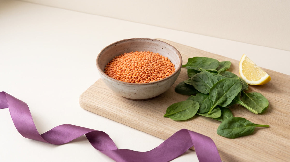 Lenticchie rosse, spinaci e limone con nastro viola