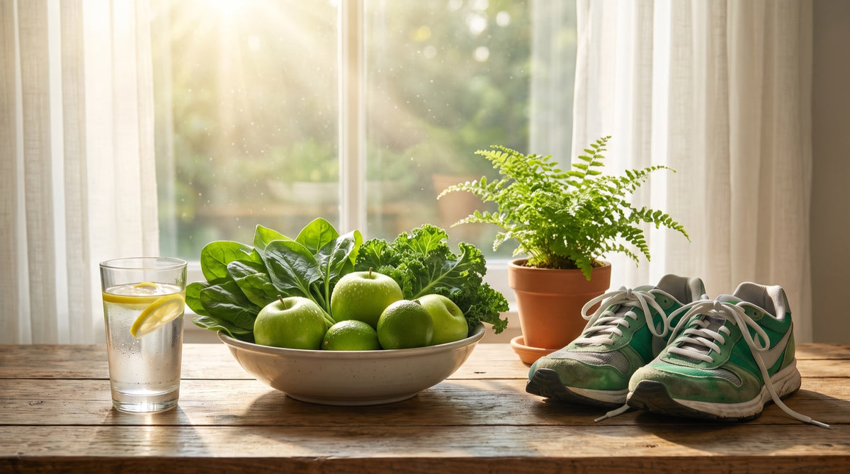 Energia e vitalità: acqua, verdure fresche e scarpe da corsa alla luce del mattino