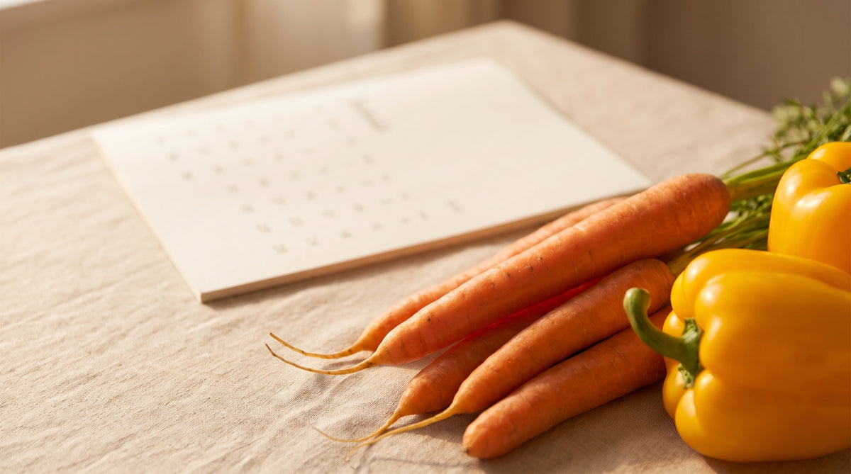 Ortaggi arancioni su lino chiaro accanto a un calendario sfocato