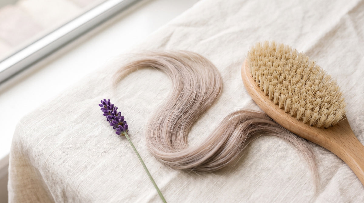 Ciocca sottile di capelli biondo cenere con spazzola morbida