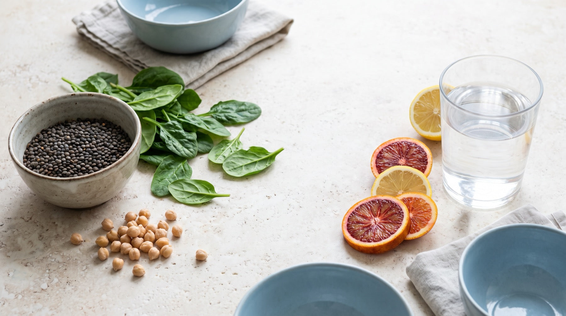 Lenticchie, spinaci, ceci, agrumi e acqua: gli alimenti ricchi di ferro e la vitamina C