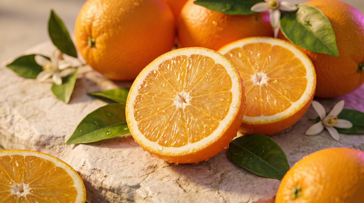 Arance tagliate a meta con polpa succosa e fiori d'arancio: gli agrumi, fonte di diosmina ed esperidina