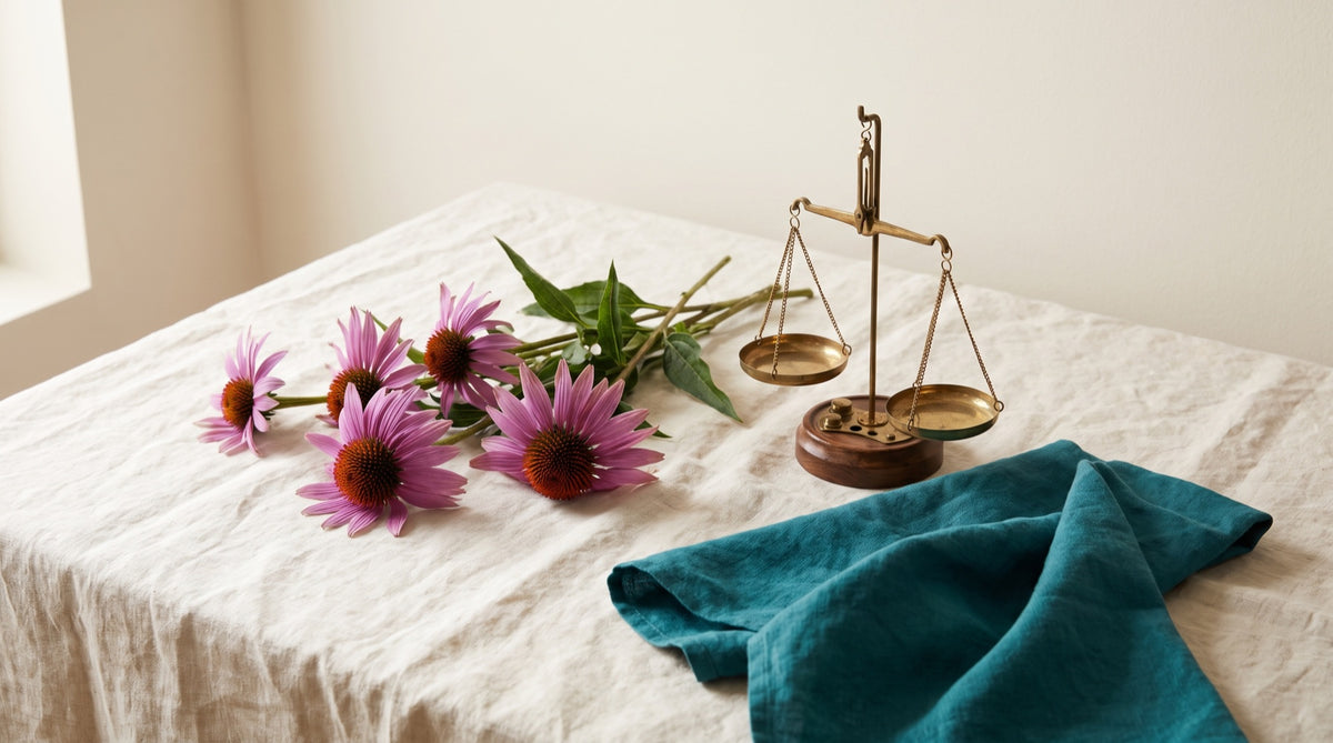 Fiori di echinacea e bilancia da erboristeria su lino chiaro