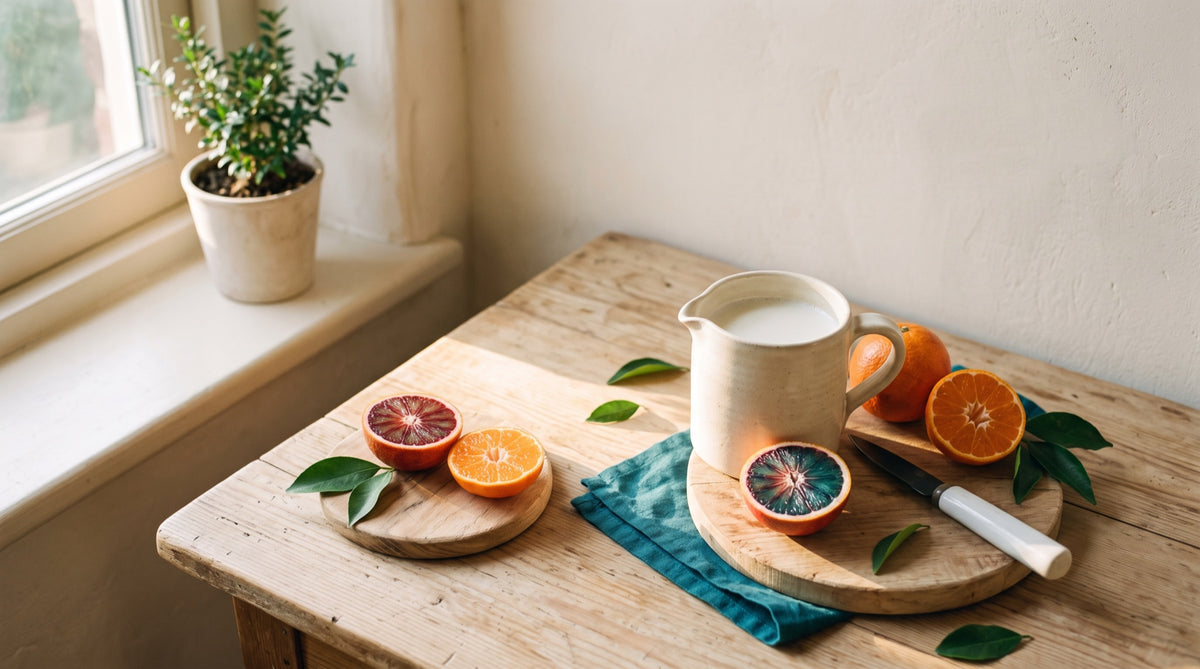 Brocca di ceramica e agrumi su legno chiaro con luce solare obliqua
