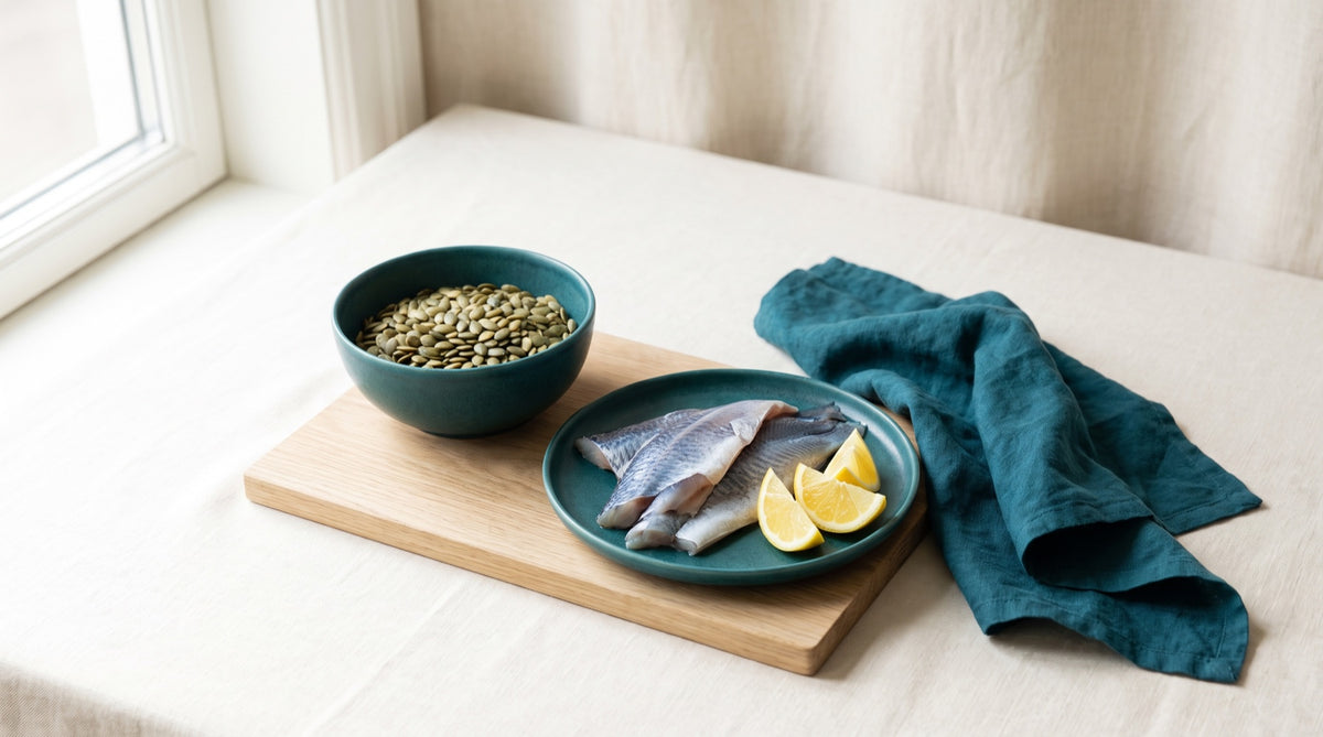 Semi di zucca e pesce azzurro con spicchio di limone