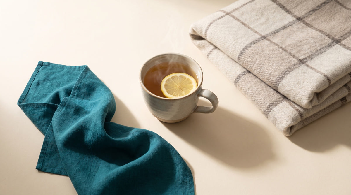 Tisana calda con limone e plaid di lana su tavolo chiaro
