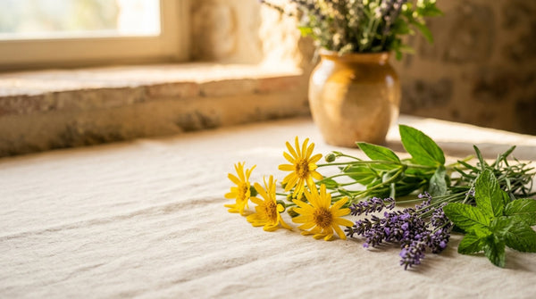 Fiori di arnica montana, lavanda e menta su lino
