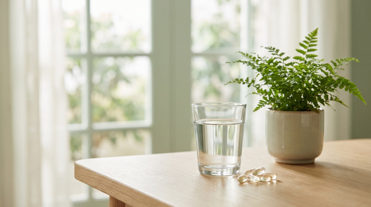 Integratori al mattino: bicchiere d'acqua e capsule alla luce della finestra