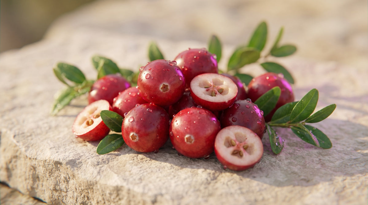 Mirtilli rossi americani freschi, interi e tagliati, con foglie verdi: il cranberry per le vie urinarie