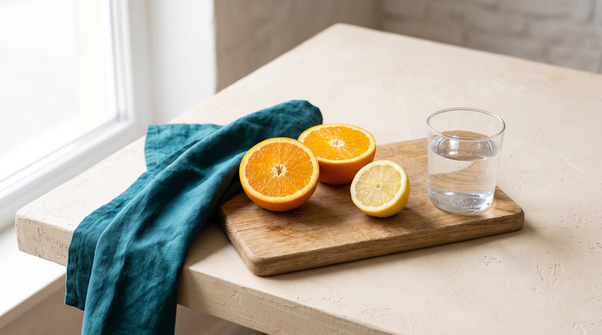 Arance tagliate e bicchiere d'acqua su tagliere di legno chiaro